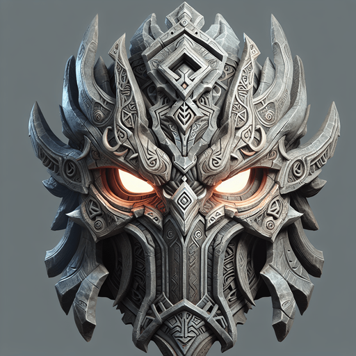An imposing, ornate tribal mask or helmet, perhaps with glowing eyes or runic carvings..
Single Game Texture.  In-Game asset.  2d.  Blank background.  High contrast.  No shadows