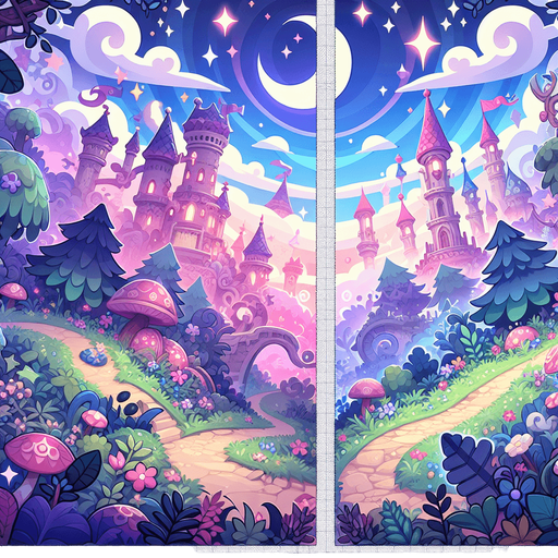 a magical landscape of wonder and joy.
Single Game Texture. In-Game asset. 2d. Blank background. High contrast. No shadows.