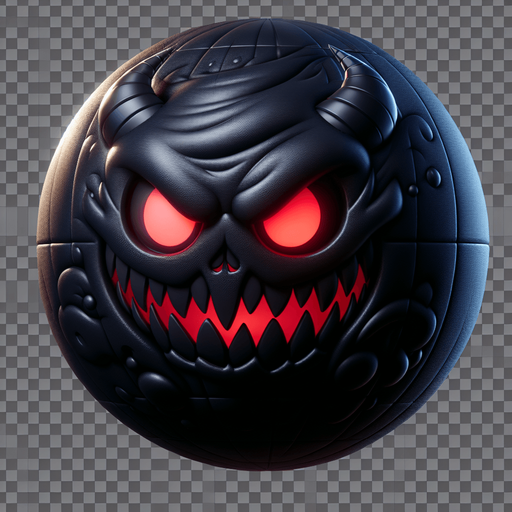 uma bola preta com chifres, e com olhos vermelhos com um sorriso assustador, fundo png.
Single Game Texture. In-Game asset. 3d. Blank background. High contrast. No shadows.
