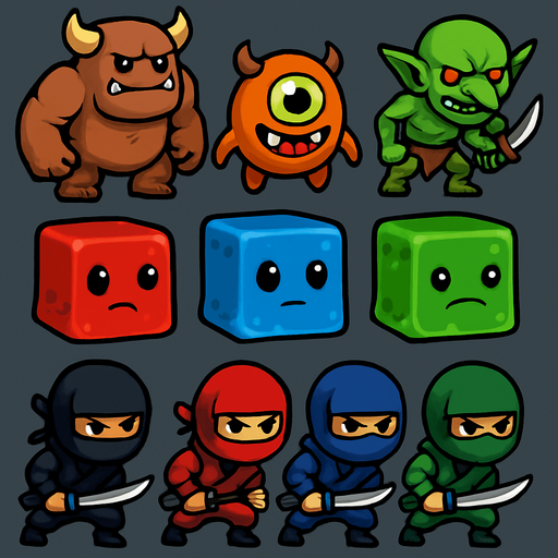 pack of different enemies for ninja game, monsters, slimes cubes monsters, ninjas with different colors each..
In-Game asset.  2d.  High contrast.  No shadows