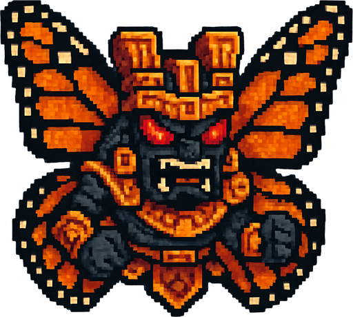 Genérame una Mariposa monarca guerrero azteca con eso patrones, estilo pixelar, con una apariencia maligna, ojos rojos, rabioso. Unidad aerea con alas. Animal.
In-Game asset.  2d.  High contrast.  No shadows
