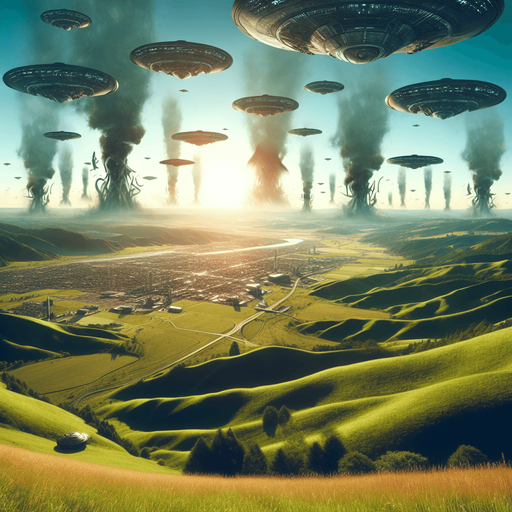 sunny day, hilly landscape. there is an alien invasion taking place in the distance. cities burning.