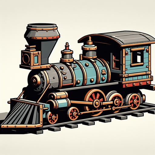 2d western toy train side view.
Single Game Texture. In-Game asset. 2d. Blank background. High contrast. No shadows.