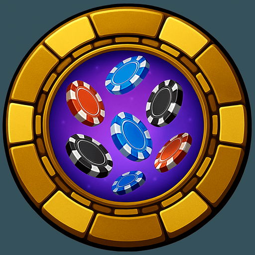 Change the image of the shield in the center to poker chips falling from the sky. Change the background color in the center to purple.