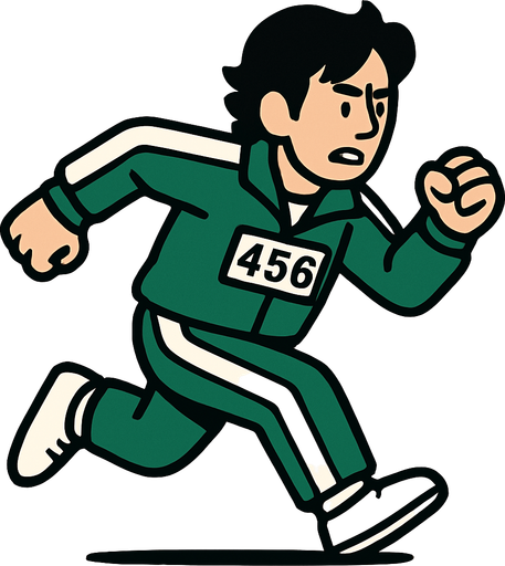 Crea al player del juego el calamar con el traja verde corriendo con el numero 456..
In-Game asset.  2d.  High contrast.  No shadows