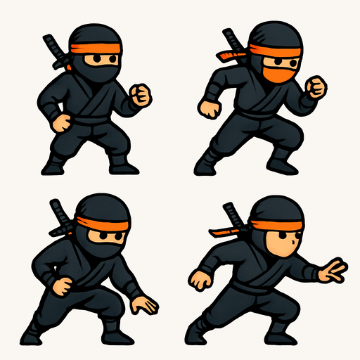 Different frames animation of full body of a ninja character, black color outfit, head bondage orange, have sword behind it. HD colors.
In-Game asset.  2d.  High contrast.  No shadows