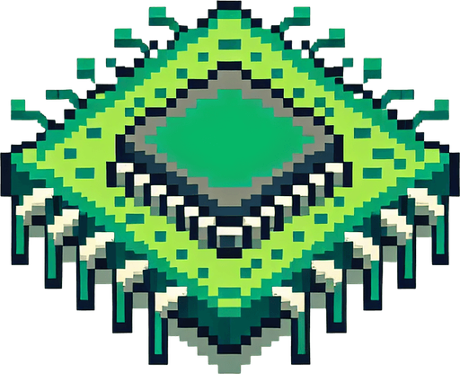 Green microchip pixelart
Single Game Texture. In-Game asset. 2d. Blank background. High contrast. No shadows.