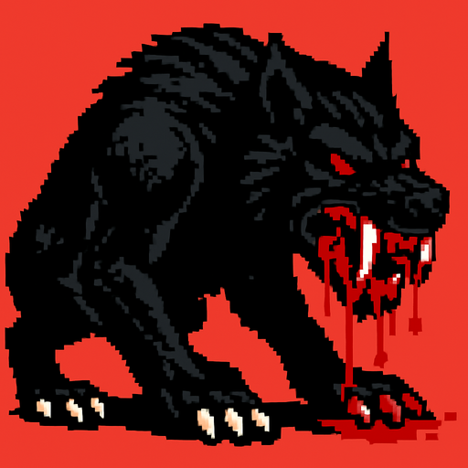 a large black beast with fangs sharpened with blood pixel art style.
In-Game asset.  High contrast.  No shadows