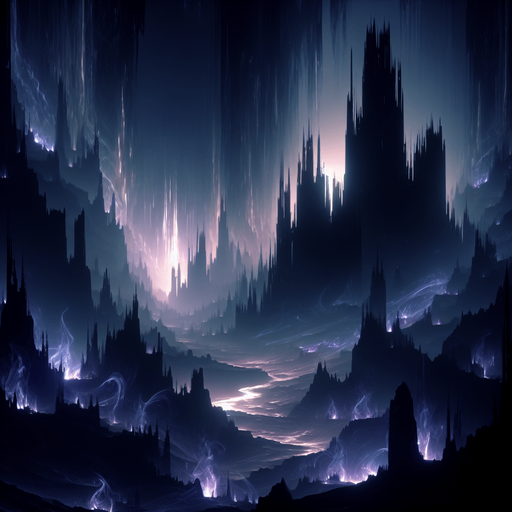 Backdrop: A dark, shadowy realm with faint glowing outlines of jagged structures and flowing mist.

Colors: Black, deep purples, and faint blue highlights.

Details: Shadows shifting and subtle glowing runes..
Single Game Texture. In-Game asset. 2d. Blank background. High contrast. No shadows.