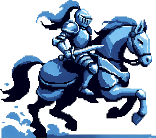 2d 16 bit image the blue knight ride armored grey horse run mode. horizontal image.
Single Game Texture.  In-Game asset.  2d.  Blank background.  High contrast.  No shadows