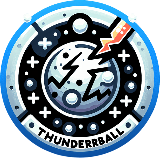 Icon for a electified snowball, on a circle, with the text „Thunderball“ at top, cartoon, christmas style Single Game Texture. In-Game asset. 2d. Blank background. High contrast. No shadows.