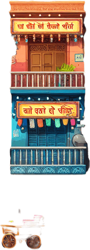 Create 2D cartoon-style Indian street buildings for a side-scrolling background. Include colorful shops with Hindi signboards, tea stalls, fruit carts, clotheslines with hanging clothes, and balconies with flower pots. Add hanging wires, fans, and posters on the walls for detail. Style should be vibrant, humorous, and full of character, matching a fun endless runner game..fore ground sky with sun
Single Game Texture.  In-Game asset.  2d.  Blank background.  High contrast.  No shadows