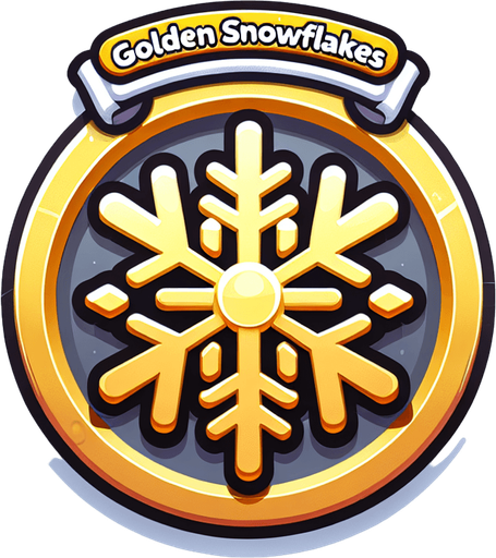 icon for a golden snowflake, on a circle, on the top is the text: "golden snowflakes" cartoon Single Game Texture. In-Game asset. 2d. Blank background. High contrast. No shadows.