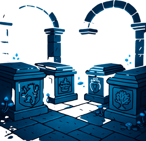 A sacred royal crypt deep underground, stone tombs with carved family crests, faint blue glow from fungi, complete silence.
In-Game asset.  2d.  High contrast.  No shadows