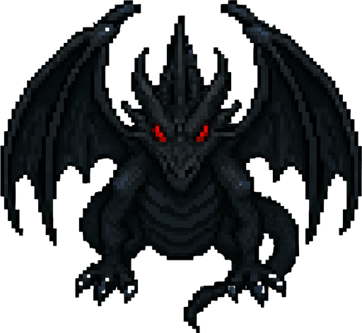 um dragão negro com olhos vermelhos, arte pixel 32bits, vista frontal aerea.
In-Game asset.  2d.  High contrast.  No shadows