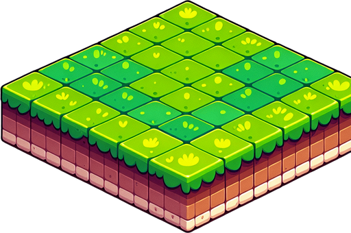 Create a 2D spritesheet featuring a side-view platform in a chibi-inspired style, perfect for a minimal, playful game. The spritesheet includes modular tiles for building platforms of various sizes, with a cohesive, cute aesthetic:

Grass Top Tiles: Vibrant green, flat grassy tops with smooth, rounded edges. Includes variations such as:

Left corner tile with a rounded edge.
Center tile with seamless edges to connect multiple pieces.
Right corner tile with a rounded edge.
Ground Tiles: Warm brown earthy layers with clean, exaggerated horizontal lines and minimal details like tiny embedded stones or subtle root patterns. Variations include:

Straight center ground tiles.
Left and right corner ground tiles.
The tiles are designed to be modular, allowing seamless connections when placed together. Bold, colorful, and minimal, the spritesheet ensures an adorable chibi-style look that matches the playful tone of games like Angry Birds..
Single Game Texture. In-Game asset. 2d. Blank background. High contrast. No shadows.
