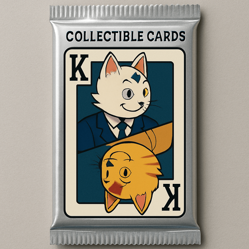 A booster pack of collectible cards in the plastic packaging. On the package is a picture of these two cats as if they are the King on a card in a deck of regular playing cards. The white one is on top facing left and the bottom one is the mirror facing right, side profile, just like a king on a regular playing card. There is a K in the top left corner to mark the King, but no suit.