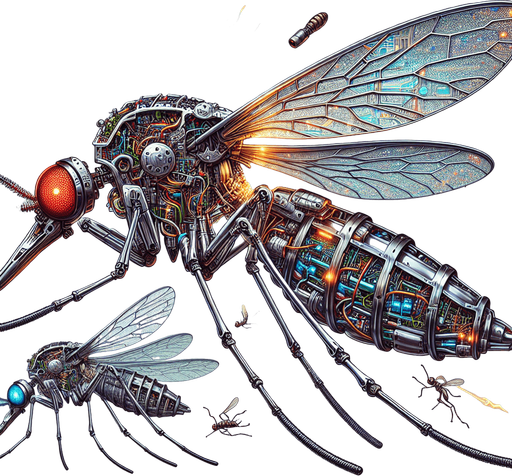 The robotic mosquito is a marvel of miniature engineering, its metallic body gleaming in the light. Its two transparent wings, adorned with intricate circuitry patterns, buzz rhythmically as it hovers and darts through the air. Six delicate legs, tipped with sharp points, enable it to perch on surfaces with remarkable precision. A pair of long, segmented antennae, their tips glowing faintly, twitch and sense the environment. Two glowing eyes, either red or blue, emit an eerie light as they scan the surroundings. However, this mechanical menace can also be crushed, its once pristine form reduced to a mangled mess of dented metal, broken wings, and exposed wires. Sparks might fly from its damaged innards, and its once bright eyes may flicker and fade. This sprite sheet captures both the living and destroyed states of the robotic mosquito, showcasing its intricate details and the grim aftermath of its demise..
Single Game Texture. In-Game asset. 2d. Blank background. High contrast. No shadows.