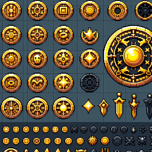 Create a sprite sheet featuring various components of a gold coin, incorporating dungeon design elements. The design should include top-down views of gold coin. Each part should be distinct, with a cohesive color scheme of metal, gold and black, accented by glowing lights for a fantasy look. The style should be detailed pixel art, reminiscent of classic 32-bit era video games, with glowing lights serving as style guides. Arrange the components on a dark background, with each part neatly aligned in rows and columns for easy identification and use in game development..
Single Game Texture. In-Game asset. 2d. Blank background. High contrast. No shadows.