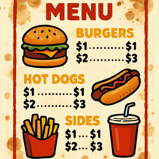 a greasy fast food styled menu with stains.
In-Game asset.  2d.  High contrast.  No shadows