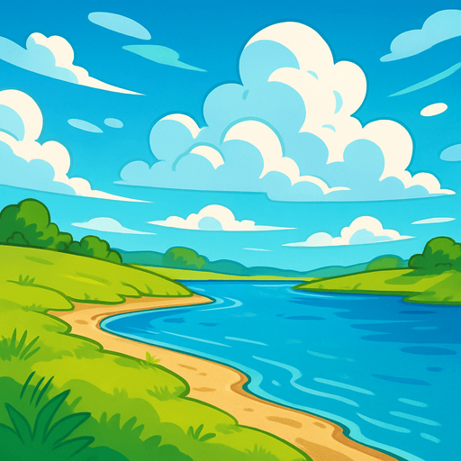 cartoony sky and bank of river