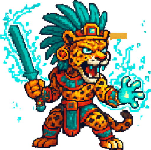 Generame un jaguar guerrero con efectos de energia estilo magico, pixelar, con ambientacion azteca.
In-Game asset.  2d.  High contrast.  No shadows