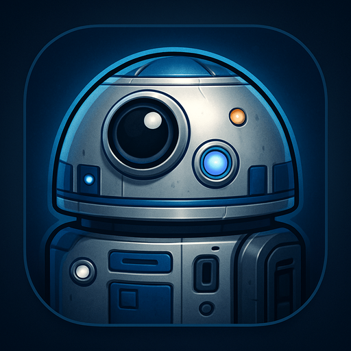 A stylized app or game icon featuring the head of a compact, dome-shaped sci-fi droid. The droid has a shiny metallic silver and blue color scheme, a round central photoreceptor "eye," and various small lights, sensors, and panels. The design is friendly and futuristic, with clean mechanical details and a slightly worn metallic finish. The background is dark or softly glowing with blue tones, highlighting the droid’s silhouette. Square or circular layout, 1024x1024 resolution, high detail, concept art style. Inspired by classic sci-fi utility robots, fully original and suitable for use without copyright concerns..
In-Game asset.  2d.  High contrast.  No shadows