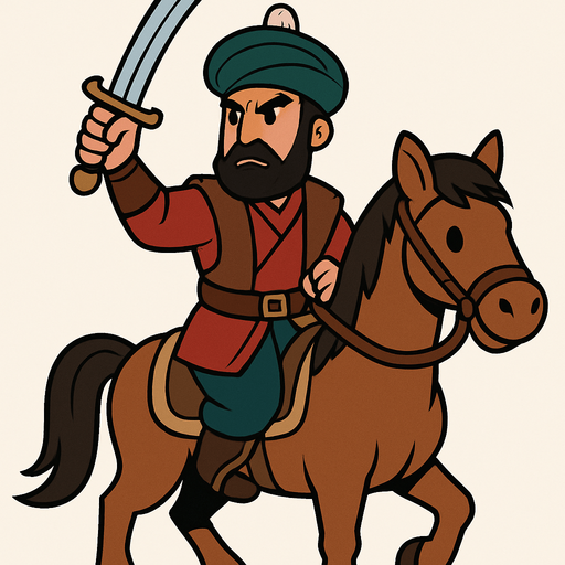 Animasyon çizgi dizi tarzında bir At üstünde bir Osmanlı süvarisi.
In-Game asset.  2d.  High contrast.  No shadows