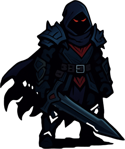 A dark fantasy night 2d a game hero.
In-Game asset.  2d.  High contrast.  No shadows