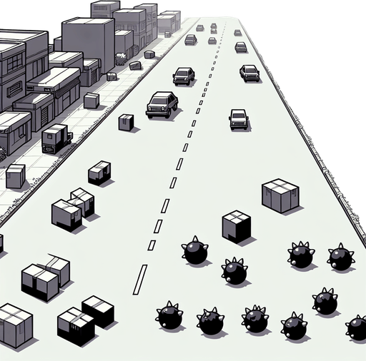 UMA rua de dia com caixas na estrada com bolinha pretas com chifres branco pequenos,jogo 2d.
Single Game Texture. In-Game asset. 2d. Blank background. High contrast. No shadows.