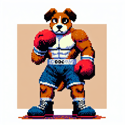 anthropomorphic dog wearing boxing shorts and boxing gloves, boxer, pixel art
Single Game Texture. In-Game asset. 2d. Blank background. High contrast. No shadows.