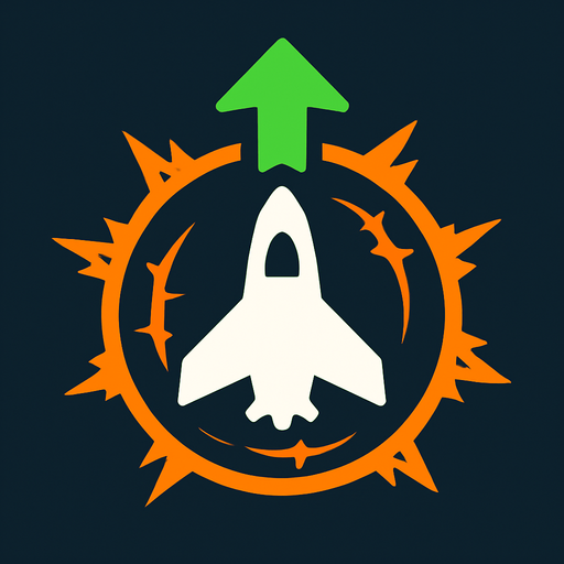 Symbol for space ship upgrade nova force field around it, with an white spaceship and orange electric circle surrounding it and an green arrow pointing up.
In-Game asset.  2d.  High contrast.  No shadows
