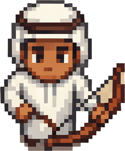 birdview 17 years old arabian boy with traditional outfit. And he is holding a bow. Pixel art png.
In-Game asset.  2d.  High contrast.  No shadows