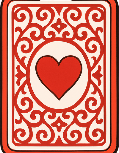 The back of a playing card. Red pattern with a heart in the center. Anime style..
In-Game asset.  2d.  High contrast.  No shadows