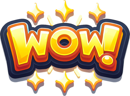 game success graphic, surprised cartoon shiny words, "WOW!".
Single Game Texture. In-Game asset. 2d. Blank background. High contrast. No shadows.