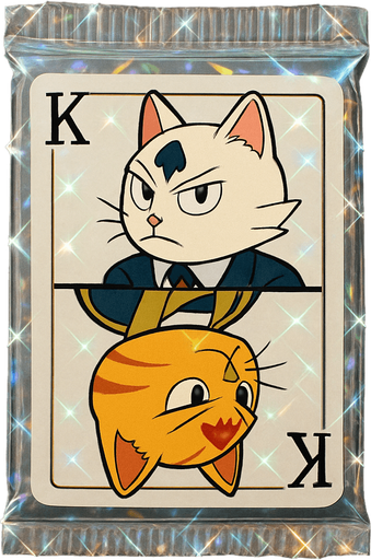 A booster pack of collectible cards in the plastic packaging. On the package is a picture of these two cats as if they are the King on a card in a deck of regular playing cards. The white one is on top facing left and the orange one is on the bottom, flipped upside down and facing right, side profile, just like a king on a regular playing card. There is a K in the top left corner to mark the King, but no suit. There are no other words on the pack. The plastic of the pack is all diamond and sparkling.