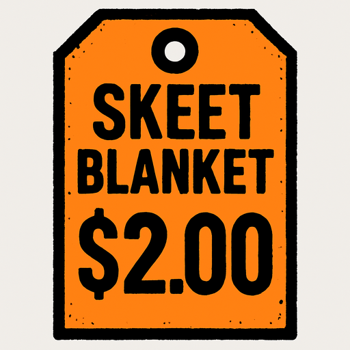 Price tag that says skeet blanket $2.00.
In-Game asset.  2d.  High contrast.  No shadows