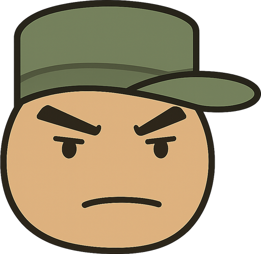an angry character that has a soldier hat on his head. No background. Transparent background. Blank background. No shadows. 2d. In-Game asset. flat