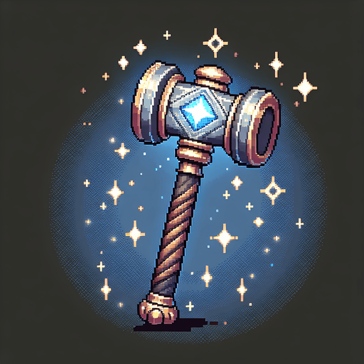 Магический элегантный молот мастера эльфа.
Single Game Texture. In-Game asset. 2d. Blank background. High contrast. No shadows.Pixel Art