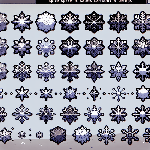 A sprite sheet of different snow flakes. Cartoon.
Single Game Texture. In-Game asset. 2d. Blank background. High contrast. No shadows.