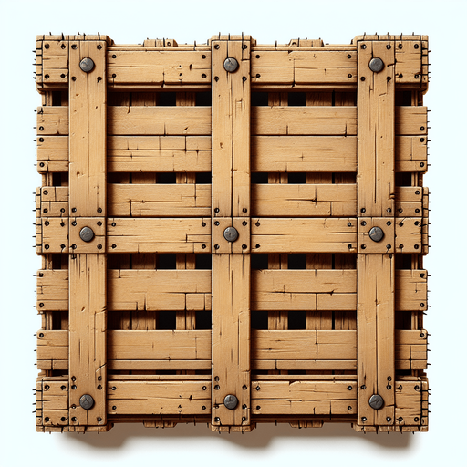 straigth zenith view square wooden pallet with big screws in each corner
Single Game Texture. In-Game asset. 2d. Blank background. High contrast. No shadows.