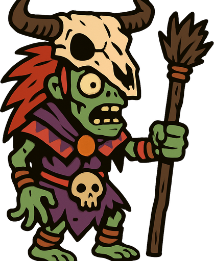 A shaman zombie,head wearing a cow skull.
In-Game asset.  2d.  High contrast.  No shadows