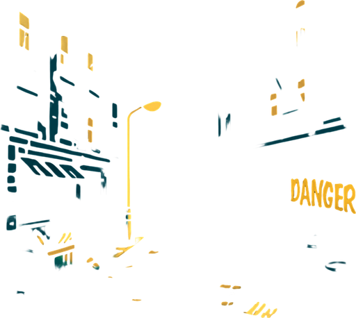 una calle de una ciudad peligrosa con edificios viejos en la parte de arriba.
In-Game asset.  2d.  High contrast.  No shadows