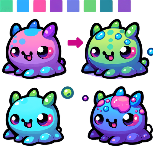 tatlış yaratık mavi yeşil mor pembe renklerinde.
Single Game Texture.  In-Game asset.  2d.  Blank background.  High contrast.  No shadows