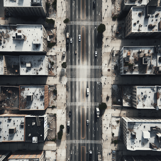 empty abandoned city street background seen from the top. Zoomed in. Top down. Street only