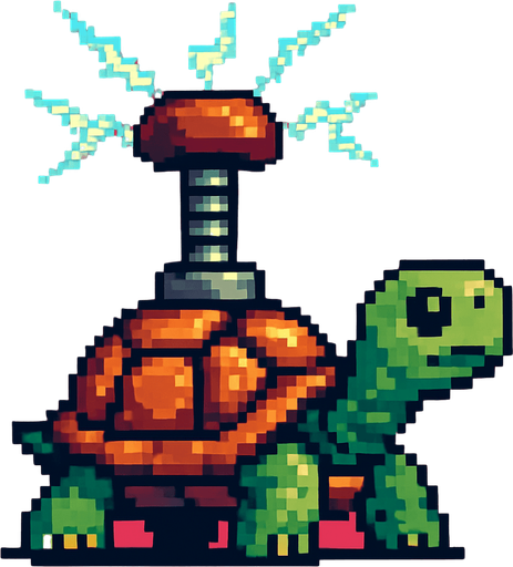 a turtle with a tesla tower on her shell, pixelart.
In-Game asset.  2d.  High contrast.  No shadows