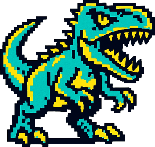 90'lardaki retro oyun dinazoru. vahşi olsun. mavi ile sarı karışımı bir renk olsun
In-Game asset.  2d.  High contrast.  No shadows