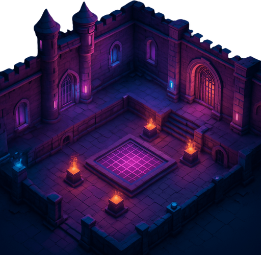 Top down isometric neon cyberpunk castle courtyard dungeon background large