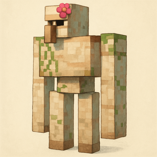 Minecraft iron golem facing left with a pink flower on his forehead. Full body.
2d. Cool.