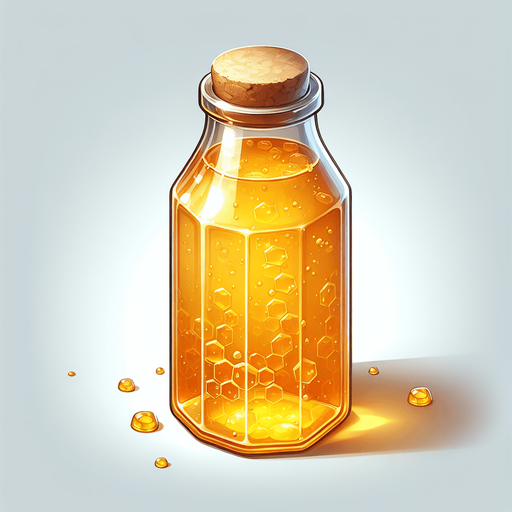 A glass bottle filled with honey.
Single Game Texture. In-Game asset. 2d. Blank background. High contrast. No shadows.